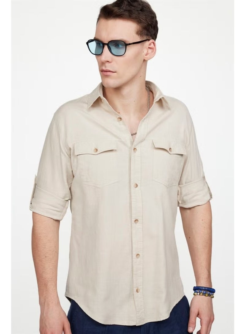 Tudors Slim Fit Long Sleeve Double Pocket Cotton Linen Sport Collar Men's Shirt - Image 2