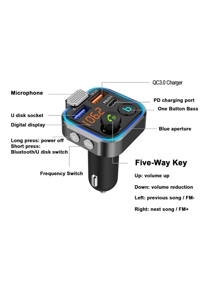 Generic - LENCENT Car FM Transmitter, Wireless Bluetooth 5.0 Radio Adapter Car Kit, PD3.0 Type C 20W+QC3.0 Car Fast Charger, Hands Free Calling, Bass Lossless Hi-Fi Sound Support U Disk - Image 1