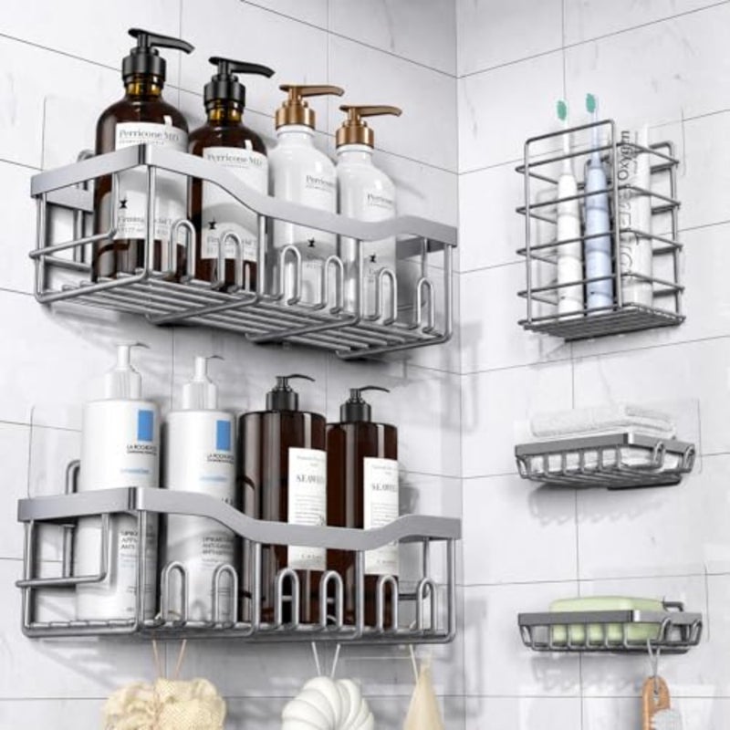 Adhesive Shower Caddy, 5 Pack Rustproof Stainless Steel Bath Organizers With Large Capacity, No Drilling Shelves for Bathroom Storage and Home Decor