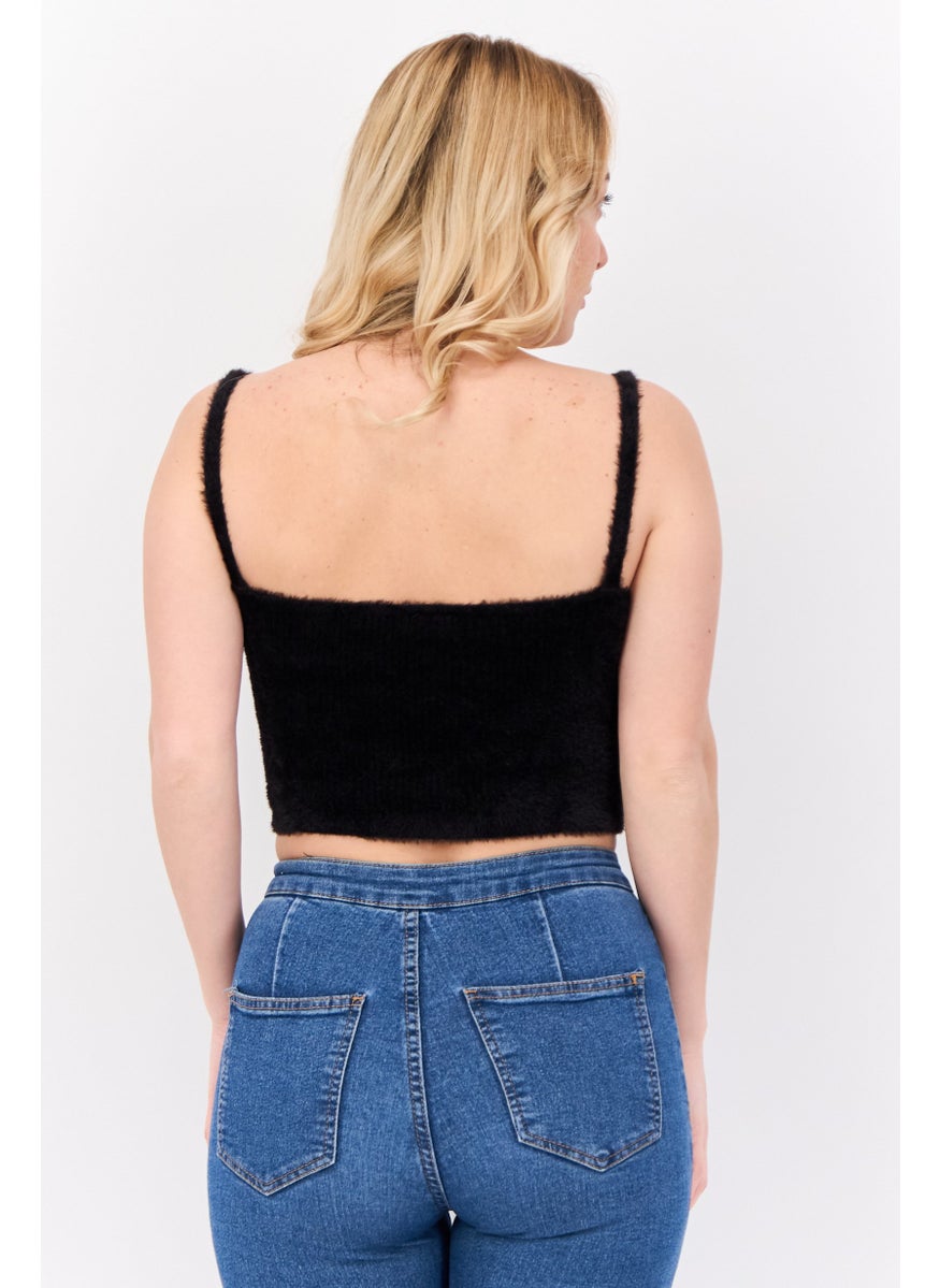 Pimkie Women Round Neck  Sleeveless Faux Fur Top, Black  - Image 3