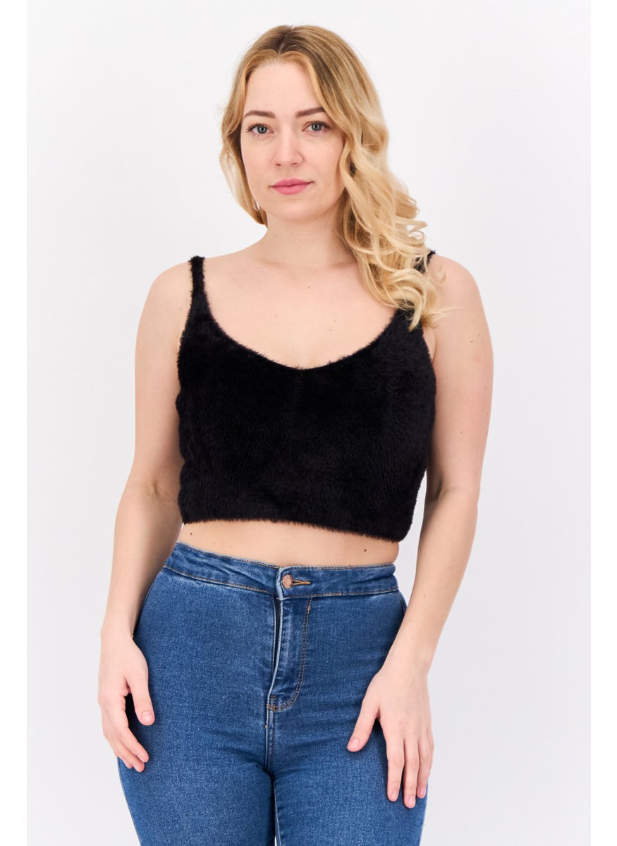 Pimkie Women Round Neck  Sleeveless Faux Fur Top, Black  - Image 1