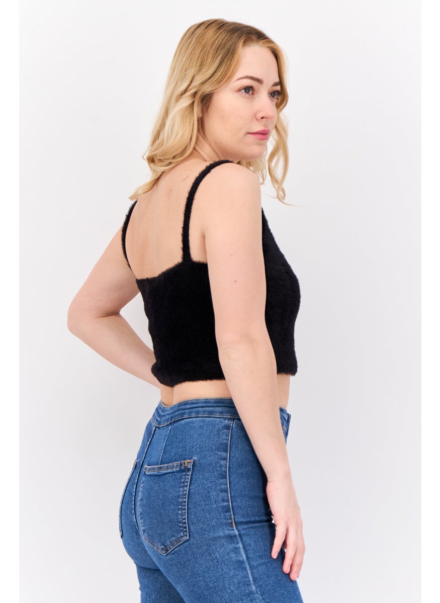 Pimkie Women Round Neck  Sleeveless Faux Fur Top, Black  - Image 2