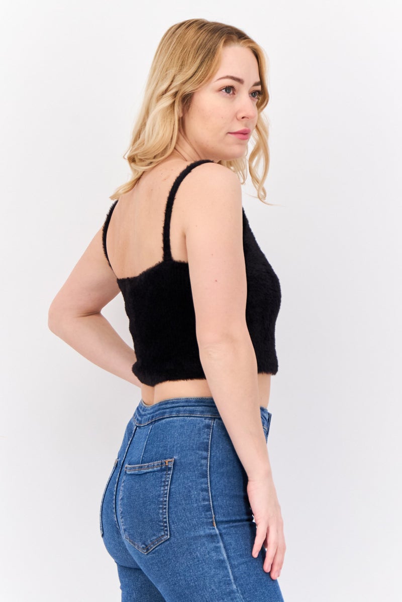 Pimkie Women Round Neck  Sleeveless Faux Fur Top, Black - Image 2