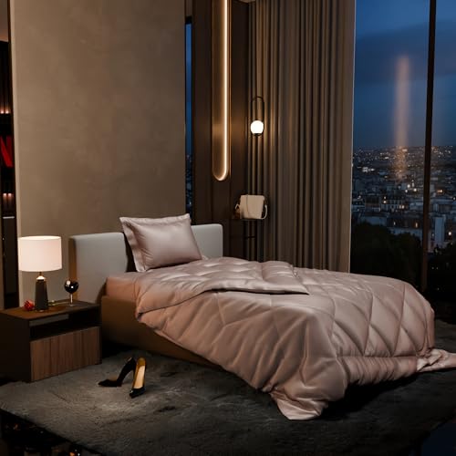 Stoa Paris Satin Comforter Set Single Bed with Satin Bedsheet & Pillow Covers, 300TC Complete Bedding Set, Ideal Gifts for Women, Couples, Bedroom Home Furnishing, Date Night - Champagne - Image 1