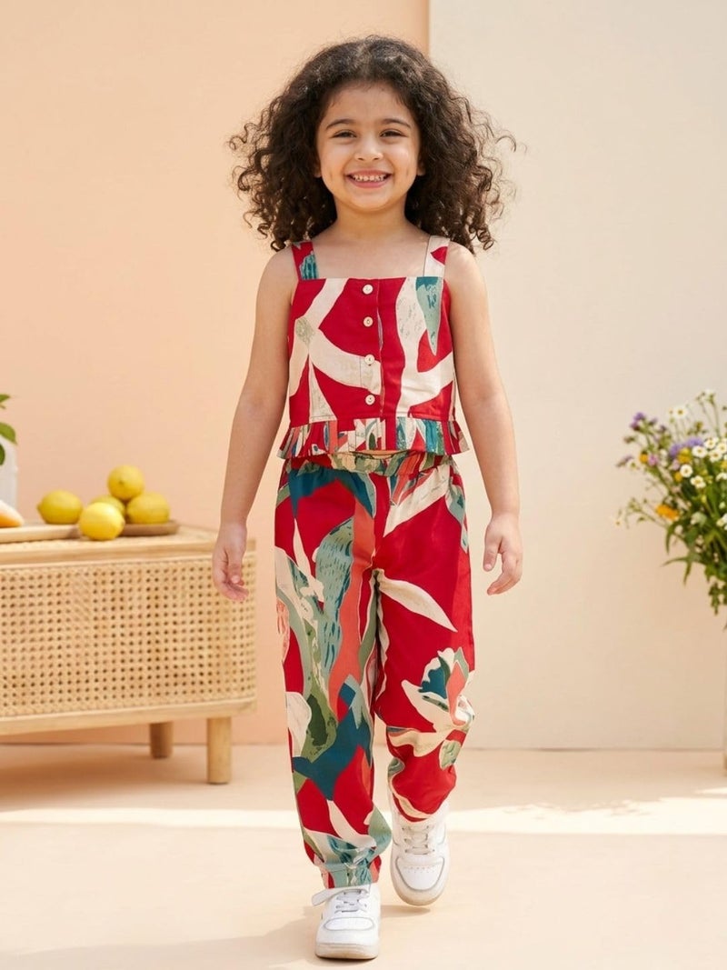 AJ DEZINES Kids Cotton Sleeveless Red Co-ords Set for Girls - Casual Outfit | Vacation Wear |Beach Dress |Tropical Printed Top Pant for girls (G-CO-2032-RED-4-5Y-24) - Image 2