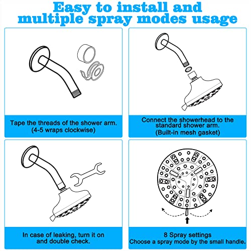 REHAVE Shower Head, REHAVE Rainfall ShowerHead, 5.1 Inches High-Pressure with 63 Jets 8 Spray Modes - Replacement for Bathroom Shower Heads - Anti-Clogging Silicone Nozzles, Brass Angle-adjustable Ball Joint - Image 5