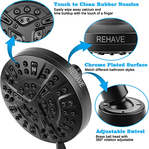 REHAVE Shower Head, REHAVE Rainfall ShowerHead, 5.1 Inches High-Pressure with 63 Jets 8 Spray Modes - Replacement for Bathroom Shower Heads - Anti-Clogging Silicone Nozzles, Brass Angle-adjustable Ball Joint - Image 3