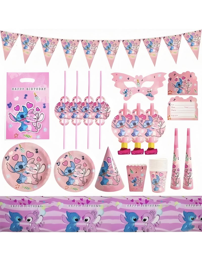 145 Pcs Stitch Theme Party Supplies for Kids,Stitch Party Props Favor Table Decorations, Banner Paper Plates Napkins Cups Tablecloth Tableware Sports Set for 10 Guests,Party Decorations - Image 1