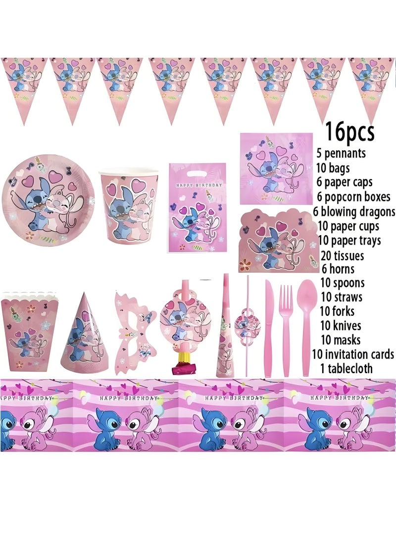 145 Pcs Stitch Theme Party Supplies for Kids,Stitch Party Props Favor Table Decorations, Banner Paper Plates Napkins Cups Tablecloth Tableware Sports Set for 10 Guests,Party Decorations - Image 2
