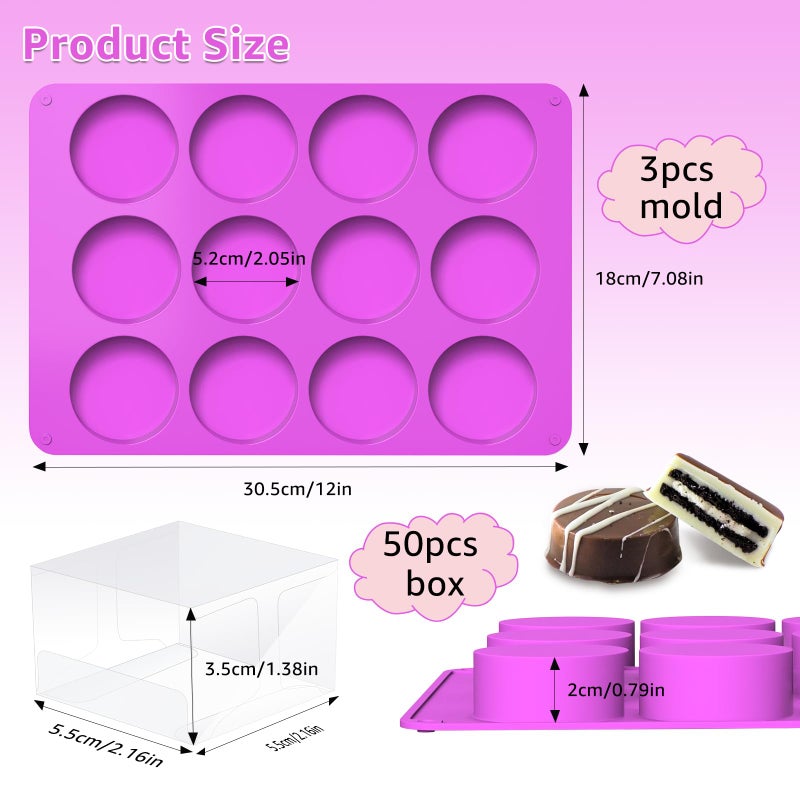 MGWOTH Chocolate Covered Mold Set: 3PCS Silicone Cookie Mold with 50 Clear Treat Boxes, Round Baking Mold for Oreos,Candy, Rice Crispy, Mini Cake, Individually Wrapped Cakesicle Party Favor Packaging - Image 3