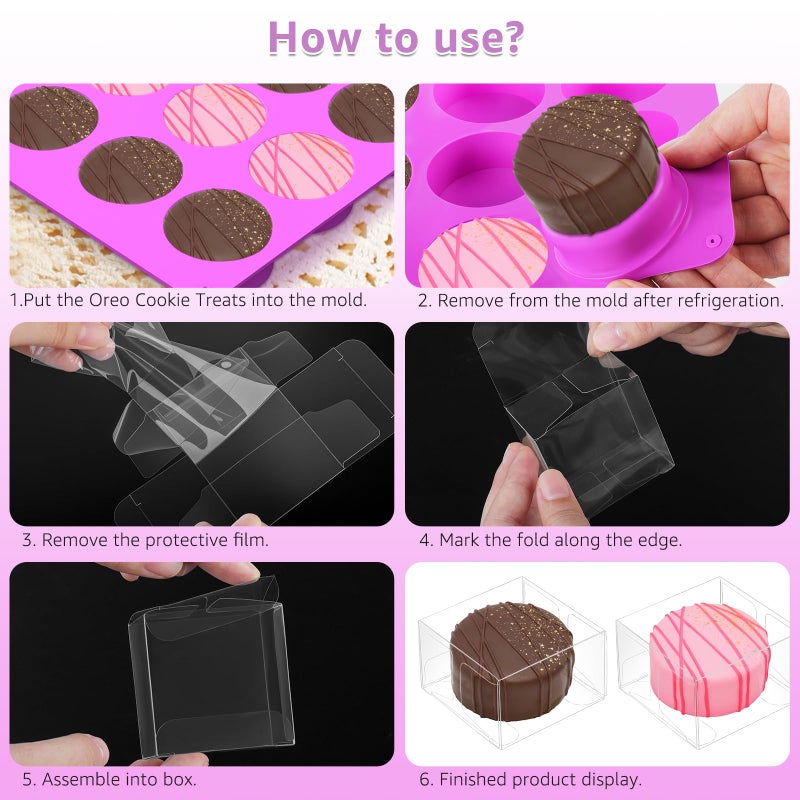 MGWOTH Chocolate Covered Mold Set: 3PCS Silicone Cookie Mold with 50 Clear Treat Boxes, Round Baking Mold for Oreos,Candy, Rice Crispy, Mini Cake, Individually Wrapped Cakesicle Party Favor Packaging - Image 5