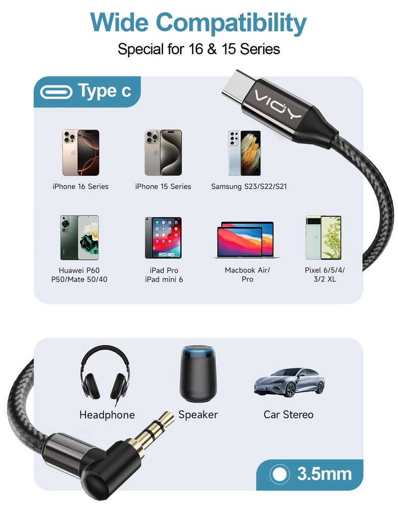 VIOY USB C to Aux 3.3 FT, Type C to 3.5mm Male Aux Cord for Car 90 Degree, USB-C to Headphone Stereo Cable Compatible with iPhone 16/15/Plus/Pro/Pro Max, Galaxy, iPad/Pro/Air - Image 2