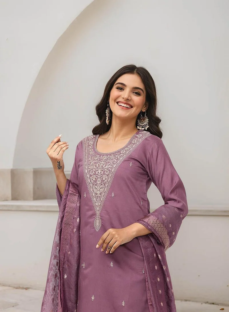 ISHIN Women's Purple Roman Silk Embellished Tunic Full Length Casual Straight Fit Kurta Set