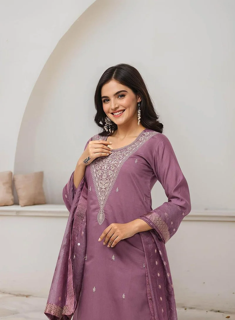 ISHIN Women's Purple Roman Silk Embellished Tunic Full Length Casual Straight Fit Kurta Set