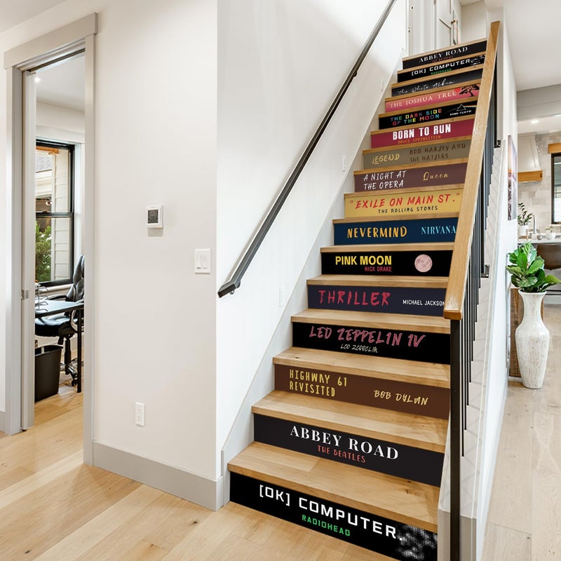 funlife 14pcs Peel and Stick Vintage Bookshelf Stair Riser Decals, Retro Decorative Bookcase Stair Riser Stickers for Kitchen Living Room Home Decor, Mid Century Natural Oak Bookcase 7.09"x39.37" - Image 2