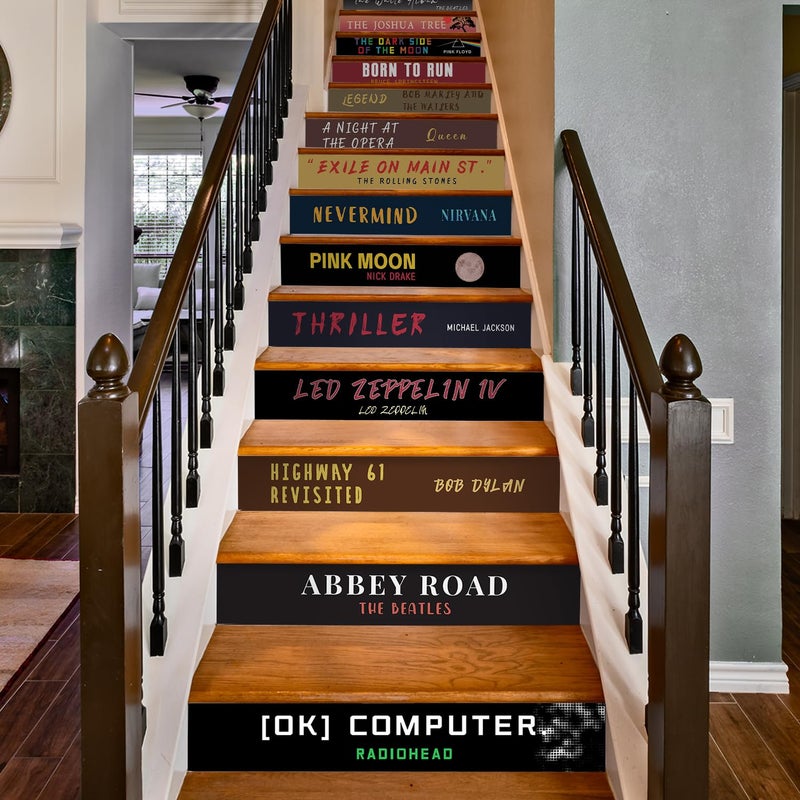 funlife 14pcs Peel and Stick Vintage Bookshelf Stair Riser Decals, Retro Decorative Bookcase Stair Riser Stickers for Kitchen Living Room Home Decor, Mid Century Natural Oak Bookcase 7.09"x39.37" - Image 1