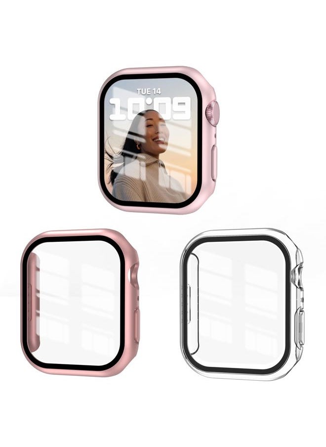 EWUONU - 3 Pack Case Compatible with Apple Watch Series 9/8/7 41mm with Tempered Glass Screen Protector, Hard PC Full Cover Ultra-Thin HD Bumper Protective Cover for iWatch 41mm, Rose Gold/Pink/Clear - Image 1