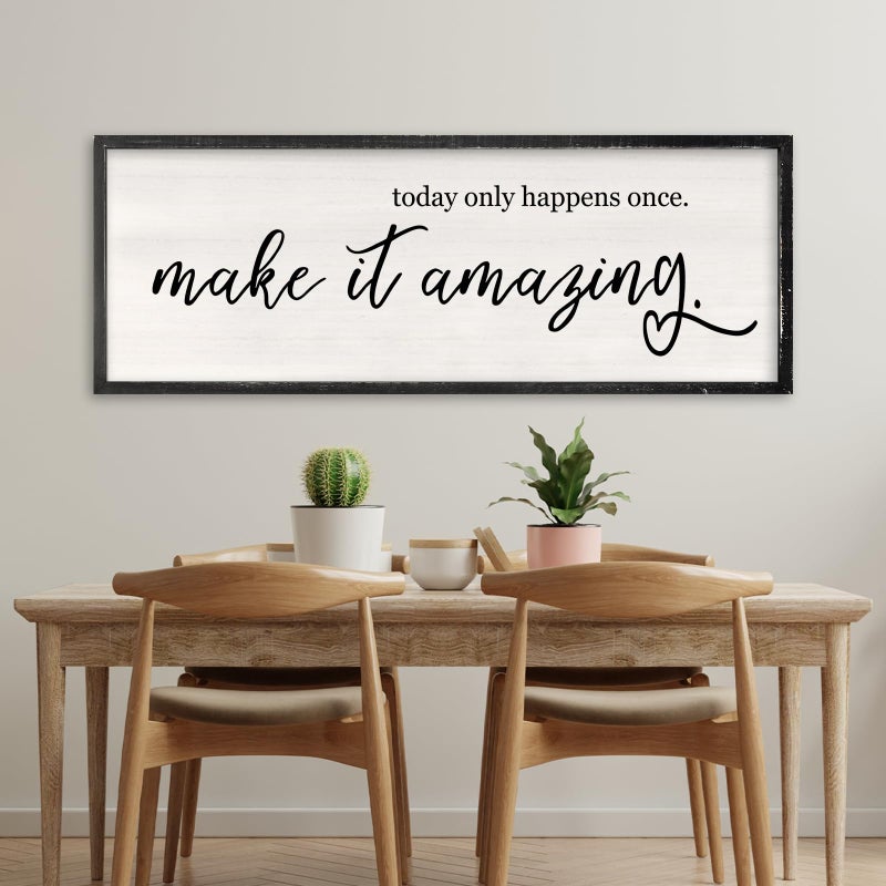 RLWangChao Today Only Happens Once Make It Amazing Wall Art Decor 32x12 Inch Large Inspirational Quote Sign Rustic Living Room Vintage Wood Frame Office Motivational Home Wall Hanging (Black) - Image 1