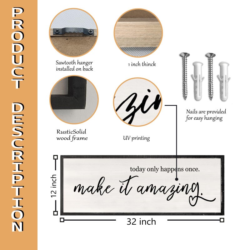 RLWangChao Today Only Happens Once Make It Amazing Wall Art Decor 32x12 Inch Large Inspirational Quote Sign Rustic Living Room Vintage Wood Frame Office Motivational Home Wall Hanging (Black) - Image 2