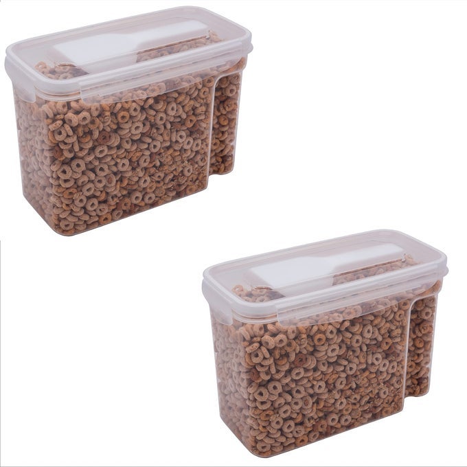 2 PACK CEREAL CONTAINER WITH SCOOPER MEDIUM AIRTIGHT FOOD TIN KEEPS FRESH KITCHEN PANTRY STORAGE ORGANIZERS CLEAR