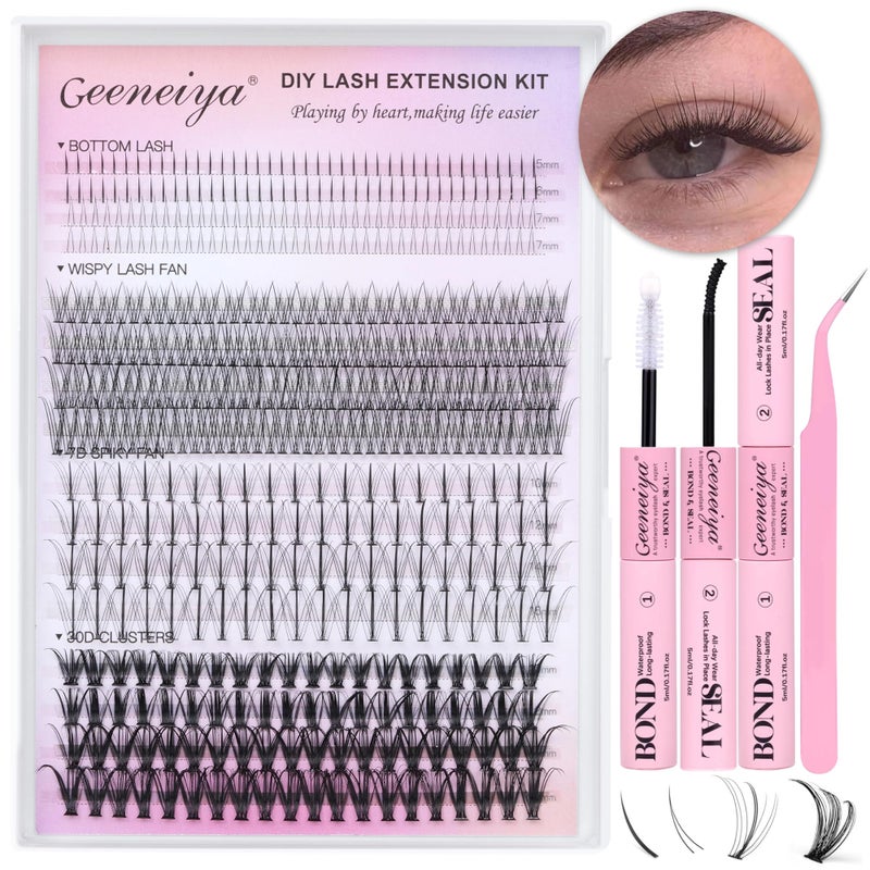 Geeneiya Lash Clusters Kit Individual Lash Extension Kit DIY Multitype D Curl Cluster Eyelash Extension Kit with Bottom Lashes Waterproof Lash Bond and Seal Glue Lash Tweezers 30D 480PCS