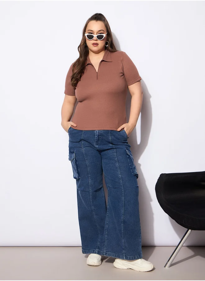 ساسافراس Plus Size Rib Front Zipper Polo Neck Top
