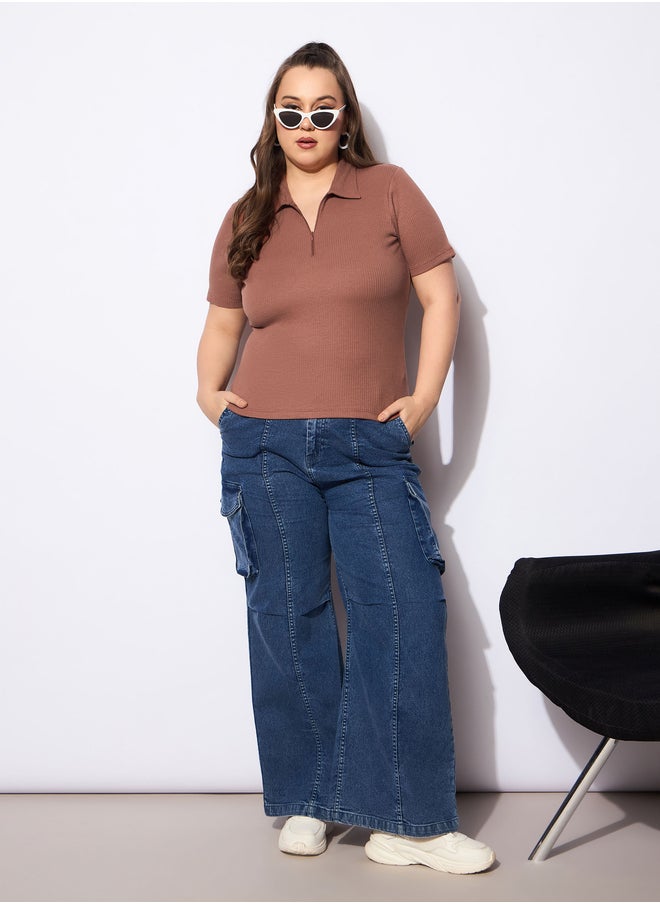 SASSAFRAS Plus Size Rib Front Zipper Polo Neck Top  - Image 2