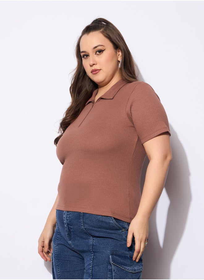 SASSAFRAS Plus Size Rib Front Zipper Polo Neck Top  - Image 3