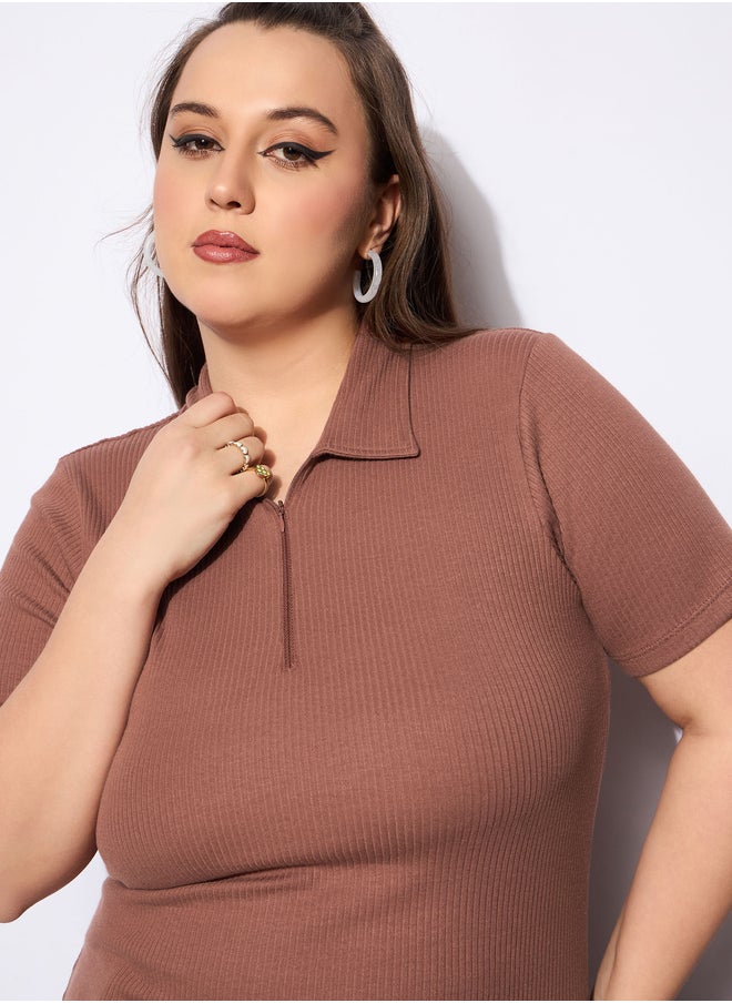 SASSAFRAS Plus Size Rib Front Zipper Polo Neck Top  - Image 4