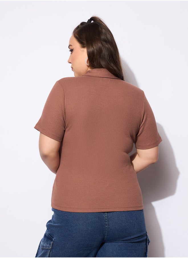 SASSAFRAS Plus Size Rib Front Zipper Polo Neck Top  - Image 5