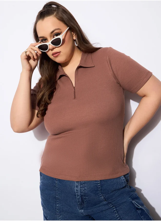 ساسافراس Plus Size Rib Front Zipper Polo Neck Top
