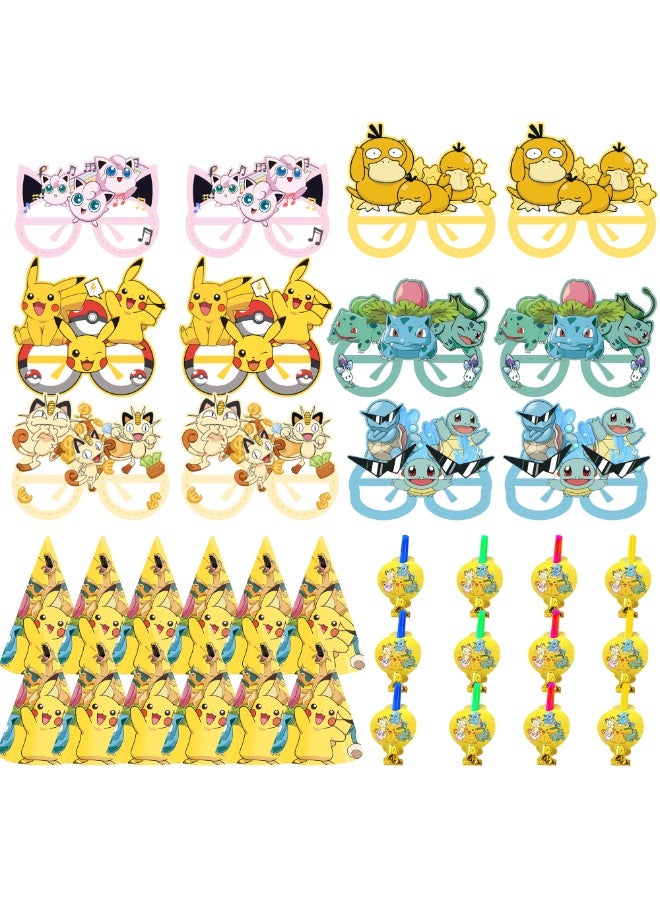 FRUITFUL PARTY Pikachu Party Favors Set – 36pcs Pokemon Costume Accessories with 12 Paper Eyeglasses + 12 Blowouts + 12 Birthday Hats, Electric Photo Booth Props for Kids Birthday, Classroom Events & Themed Celebrations - Image 1