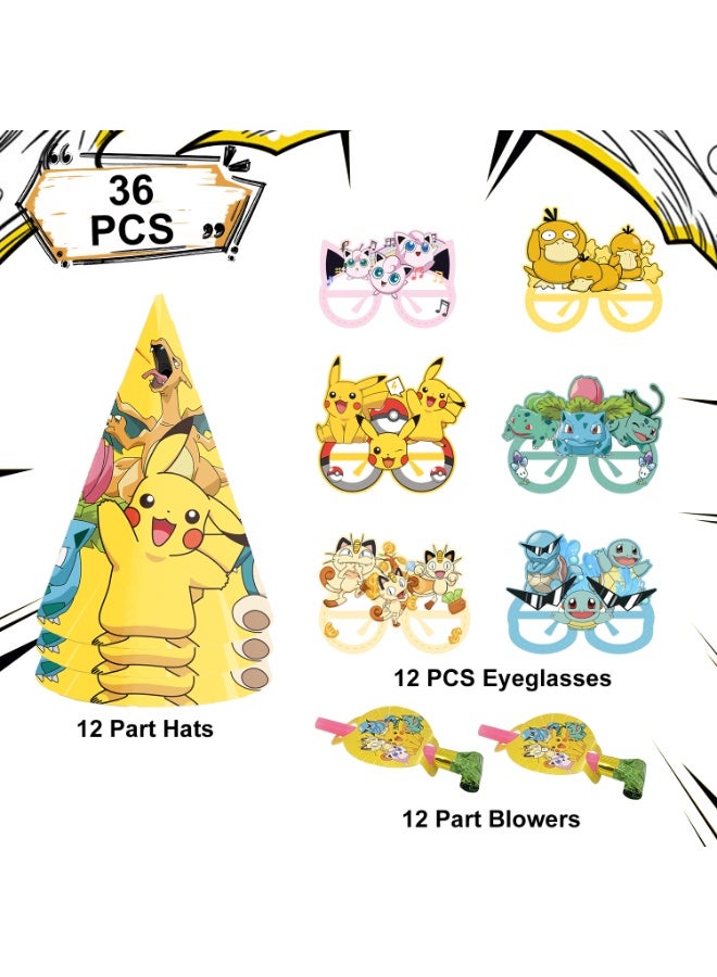 FRUITFUL PARTY Pikachu Party Favors Set – 36pcs Pokemon Costume Accessories with 12 Paper Eyeglasses + 12 Blowouts + 12 Birthday Hats, Electric Photo Booth Props for Kids Birthday, Classroom Events & Themed Celebrations - Image 2