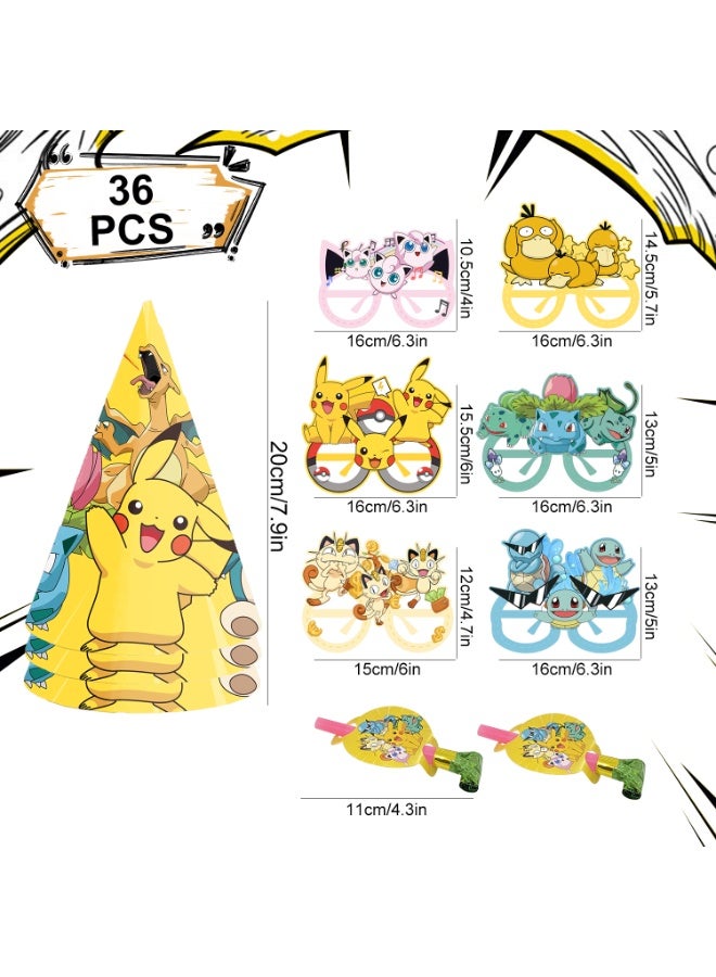 FRUITFUL PARTY Pikachu Party Favors Set – 36pcs Pokemon Costume Accessories with 12 Paper Eyeglasses + 12 Blowouts + 12 Birthday Hats, Electric Photo Booth Props for Kids Birthday, Classroom Events & Themed Celebrations - Image 3