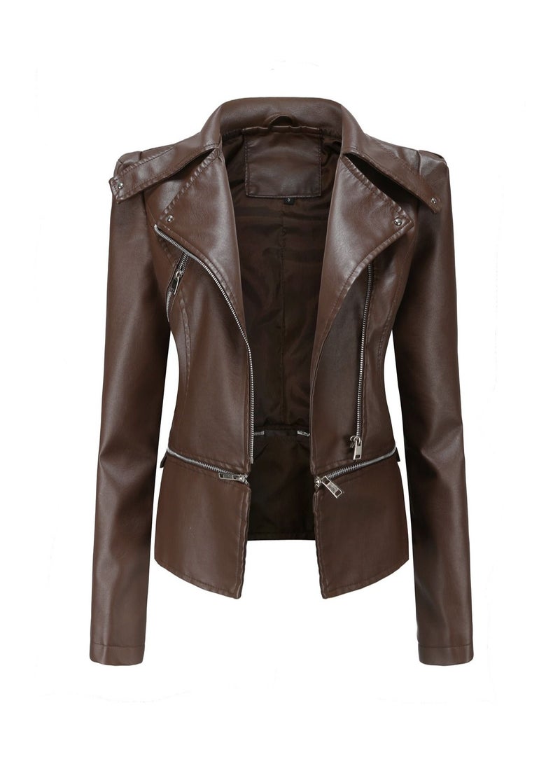 Loquat Women's New Leather Jacket With Detachable Hem For Casual Wear Brown - Image 1