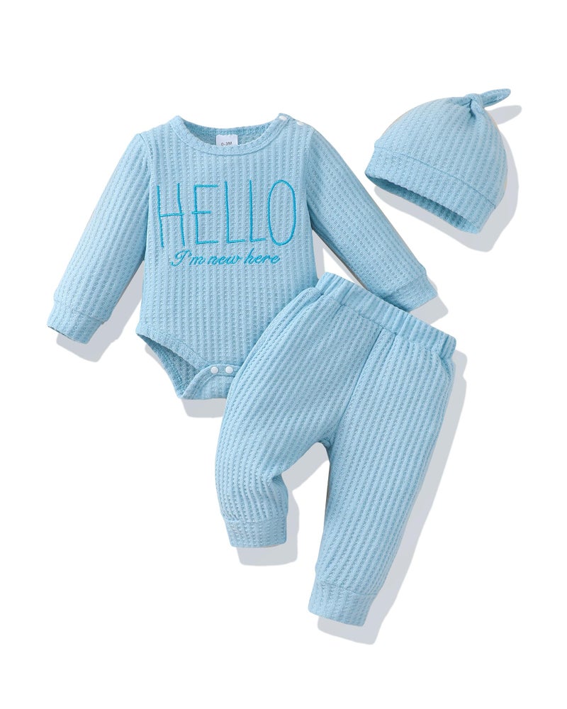 Renotemy Infant 36 Month Boy Clothes Coming Home Outfits Baptism Shower Gifts for Boys Newborn Essentials Outfit Im New Here Long Sleeve Baby Fall Winter Clothing Light Blue RomperPantsHat - Image 2