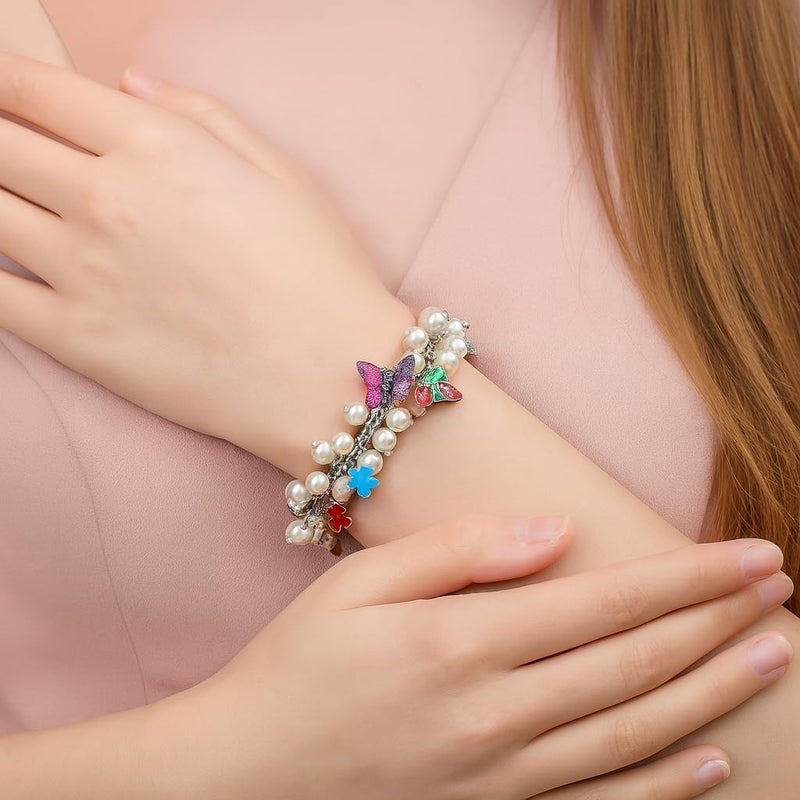 Estele Rhodium Plated Gardenia Enamel Flower Butterfly Pearl Charm Bracelet - Image 2