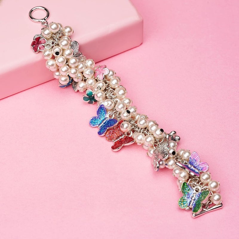 Estele Rhodium Plated Gardenia Enamel Flower Butterfly Pearl Charm Bracelet - Image 5