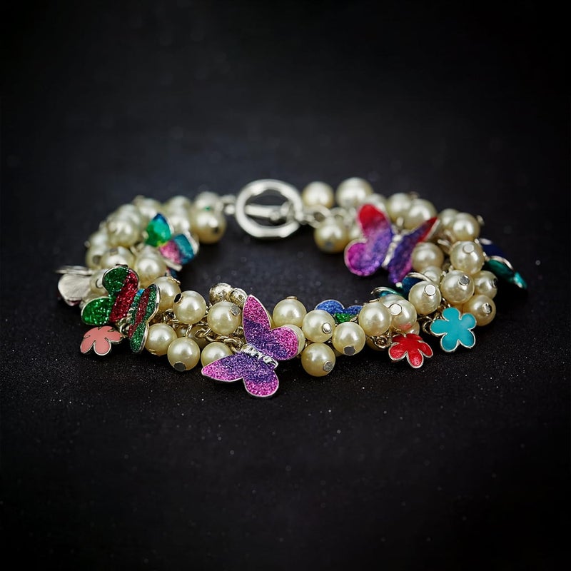 Estele Rhodium Plated Gardenia Enamel Flower Butterfly Pearl Charm Bracelet - Image 3