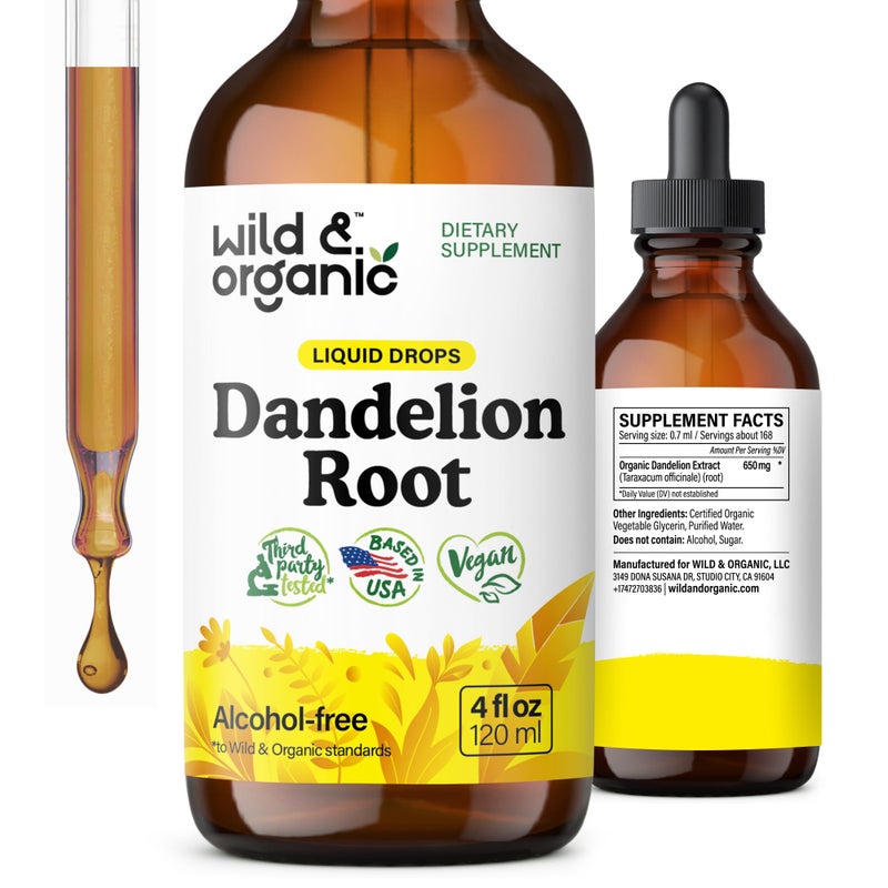 Wild & Organic Wild Organic Dandelion Root Extract Drops Liver Cleanse Detox Support Dandelion Tincture for Liver Health Vegan Sugar AlcoholFree Liquid Supplement 4 fl oz 