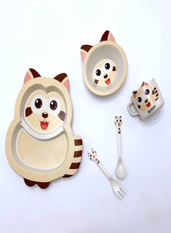 CherryBox Dinnerware Plate Set for Kids - Cartoon Design Crockery Set - Bamboo Fibre Eco Friendly (Raccoon - 5 Pc Set) Multi-Colour - Image 2
