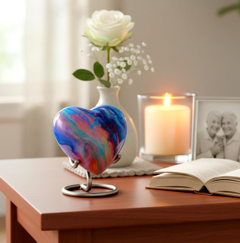 eSplanade Metal Mini Cremation Urn Heart-Shaped Keepsake Memorial Jar Pot Container | Small Urn for Funeral Ashes Burial | Wave Textured Metal Keepsake with Stand | Multicolor - 2.75" Inches - Image 2