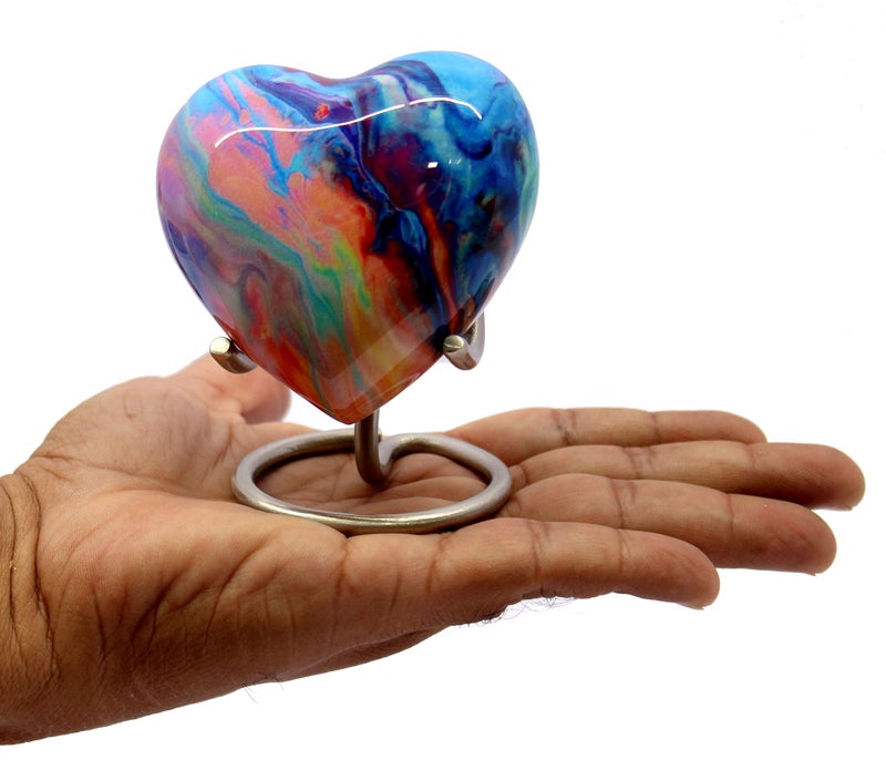 eSplanade Metal Mini Cremation Urn Heart-Shaped Keepsake Memorial Jar Pot Container | Small Urn for Funeral Ashes Burial | Wave Textured Metal Keepsake with Stand | Multicolor - 2.75" Inches - Image 5