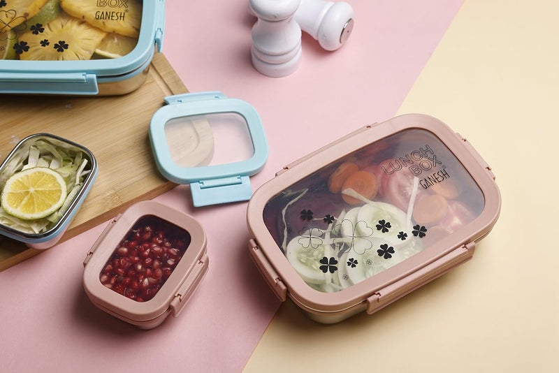 GANESH Alpha Senior Stainless Steel Insulated Lunch Box for School & Office, Airtight Leak-Proof, Unbreakable Lid, Snacks Tiffin Box - (950ml 1pc + 200ml 1 Pc)- Pink - Image 3