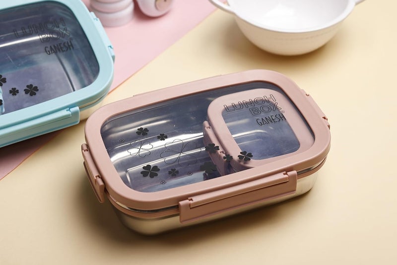 GANESH Alpha Senior Stainless Steel Insulated Lunch Box for School & Office, Airtight Leak-Proof, Unbreakable Lid, Snacks Tiffin Box - (950ml 1pc + 200ml 1 Pc)- Pink - Image 1