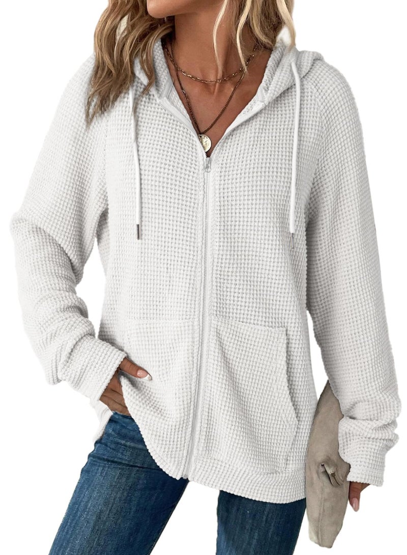 Dokotoo Hoodies for Women Sweatshirts Fall Casual Full Zip Up Essentials Hoodie Long Sleeve Oversized Hooded Tops Solid Waffle Knit Ladies Sweatshirt Pockets Jacket Coat for Teen Girls White 3X-Large - Image 1