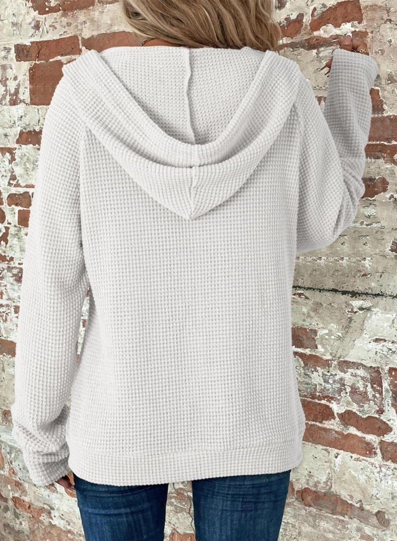 Dokotoo Hoodies for Women Sweatshirts Fall Casual Full Zip Up Essentials Hoodie Long Sleeve Oversized Hooded Tops Solid Waffle Knit Ladies Sweatshirt Pockets Jacket Coat for Teen Girls White 3X-Large - Image 2