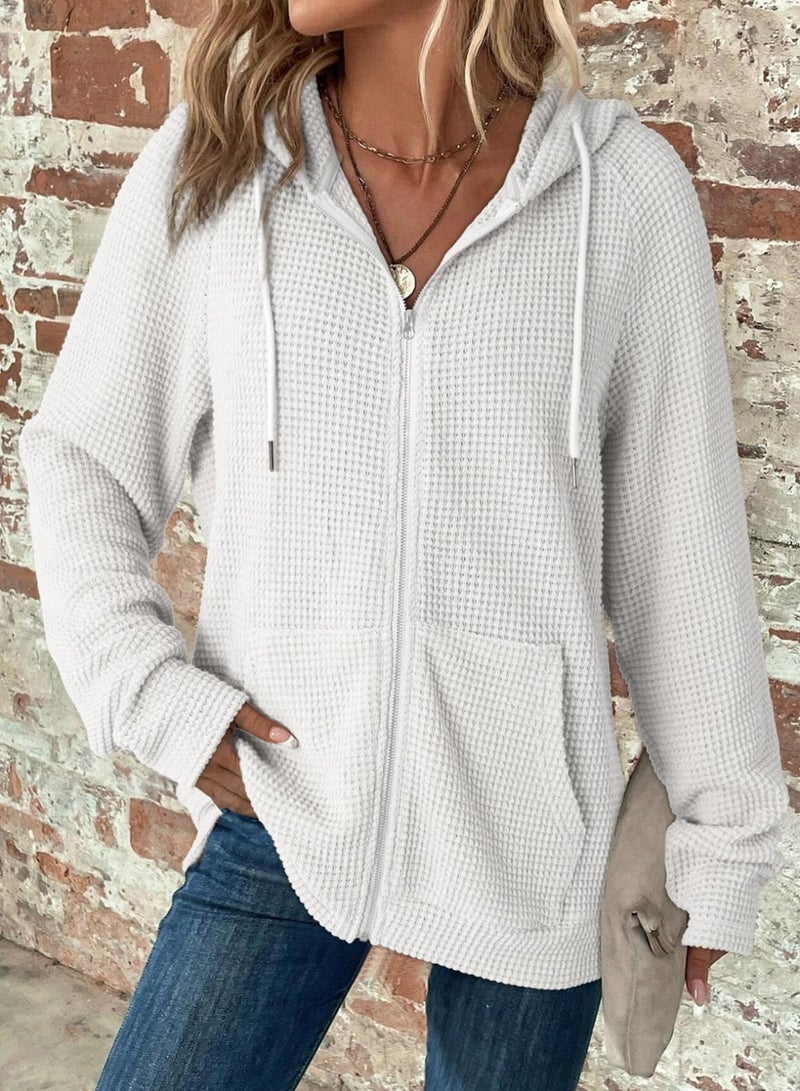 Dokotoo Hoodies for Women Sweatshirts Fall Casual Full Zip Up Essentials Hoodie Long Sleeve Oversized Hooded Tops Solid Waffle Knit Ladies Sweatshirt Pockets Jacket Coat for Teen Girls White 3X-Large - Image 3