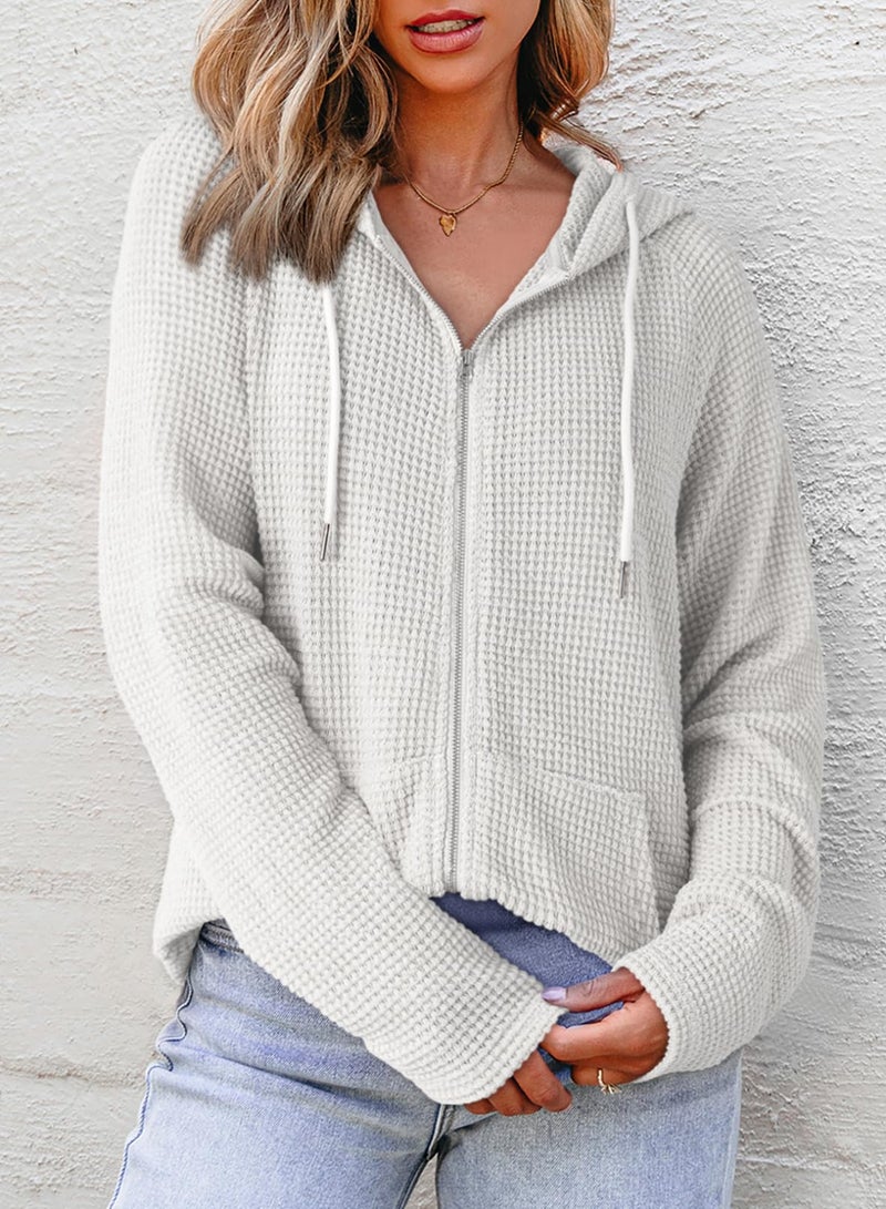 Dokotoo Hoodies for Women Sweatshirts Fall Casual Full Zip Up Essentials Hoodie Long Sleeve Oversized Hooded Tops Solid Waffle Knit Ladies Sweatshirt Pockets Jacket Coat for Teen Girls White 3X-Large - Image 4