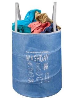 Plan A 45L Round Fabric Laundry Hamper, Foldable Waterproof Storage Basket with Rustproof Plastic Zipper Lid, Ideal for Clothes, Toys, Space Organization (Blue)  - Image 1